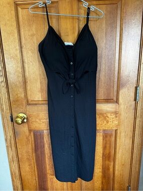 Black Button-Front Tie Waist Midi Dress
